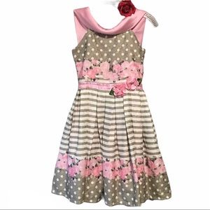 CUTECUMBER SPRING EASTER DRESS PINK ROSES TAUPE WHITE POLKADOT STRIPES ARTSY